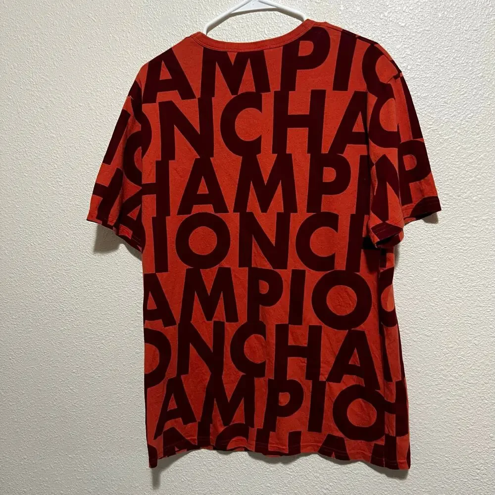 Champion Heritage red orange all over script crewneck short sleeve tee shirt L - Picture 6 of 6